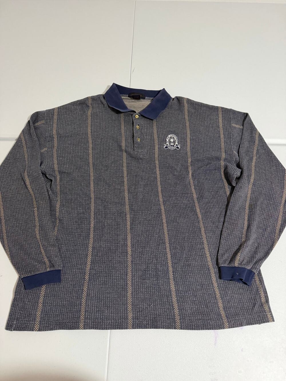 Antigua Long Sleeve Golf Polo Men’s XL Navy Tan Striped Sam Lee Championship